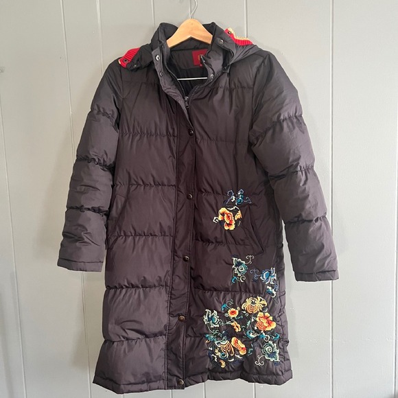 Vintage‎ Embroidered Down Puffer Coat Sequin Hooded Statement Gray M L Rare - Picture 1 of 12
